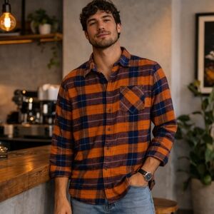 Kyodan Outdoor Plaid Flannel Shirt | Orange & Navy | Size Large